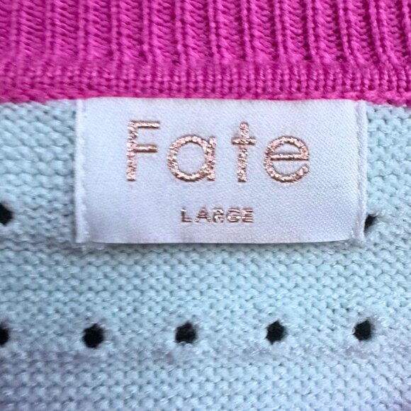 Fate Mint Green Pointelle Knit Short Sleeve Sweater Top with Pink Trim Large - Picture 3 of 10